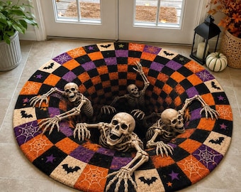 Halloween Skeleton Round Rug, Spooky 3D Pit Area Rug, Creepy Skeleton Floor Mat, Gothic Halloween Decor, Horror Room Rug