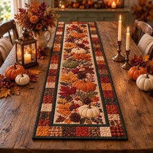May include: A rectangular quilted table runner featuring a central panel of autumn-themed fabric with pumpkins, pinecones, and fall leaves in shades of orange, red, green, and cream, bordered by a patchwork pattern of small squares in matching colors.