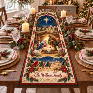 May include: A rectangular table runner featuring a nativity scene with the Holy Family, a donkey, a lamb, and the Three Wise Men on camels. The design includes holly, poinsettias, and the text The William Family in a script font.