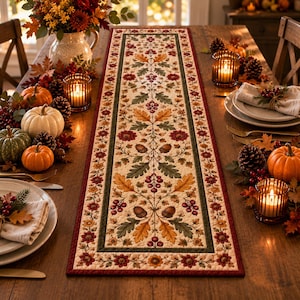 May include: A rectangular fabric table runner featuring a cream-colored center with a repeating pattern of autumn leaves, acorns, and red berries, framed by a dark green border and an outer edge of red fabric with a floral and berry motif.