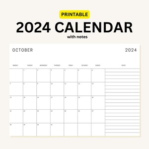 Printable Calendar 2024 | Monthly Planner 2024 | A3 | Landscape | Minimalist | Download | Digital PDF | With Notes