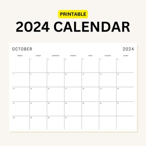 Printable Calendar 2024 | Monthly Planner 2024 | A4, Letter, A3 | Landscape | Monday & Sunday Start | Minimalist | Download | Digital PDF