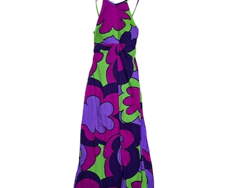 VTG BARKCLOTH Otahexte Lahaina Maxi Dress Purple Green Psychedelic Floral 60/70s