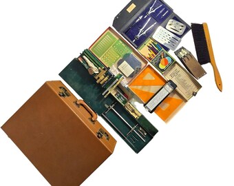 Vintage Tan Faux Leather Briefcase Monogrammed JRF with Drafting Supplies Kit