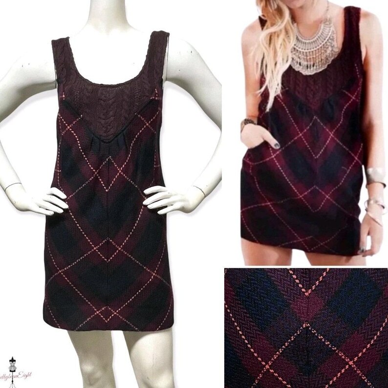 Free People Parker Wool Plaid Schoolgirl Mini Dress Sweater Tunic 12 Burgundy image 5