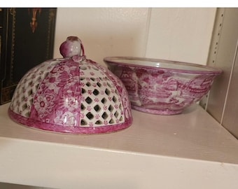 Handbemalte Chinoiserie Porzellan Terrine rosa rot weiß