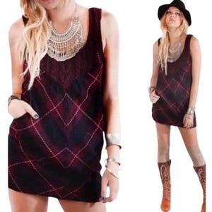 Free People Parker Wool Plaid Schoolgirl Mini Dress Sweater Tunic 12 Burgundy image 1