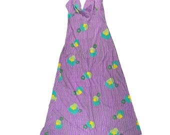 Vintage Purple Geometric Floral Halter Maxi Dress Open Back Retro 70s Style XS