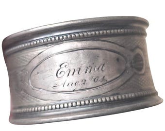 Antique Silver Plate Napkin Ring Engraved Emma Aug 2 1904 Beaded Edge Etched