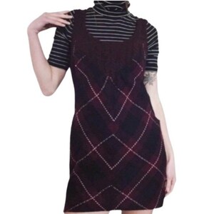 Free People Parker Wool Plaid Schoolgirl Mini Dress Sweater Tunic 12 Burgundy image 4