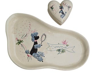 The Bantam Roost Jan Susie Poodle Vanity Tray Heart Trinket Box Set Donna Kitsch
