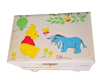 Vintage Disney Winnie the Pooh Eeyore Wooden Toy Box Chest Nursery Storage Trunk