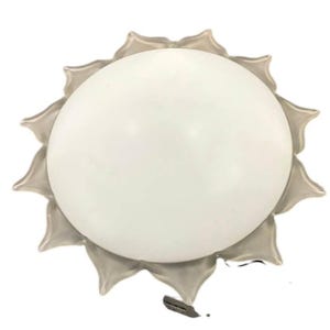 May include: A white, round light fixture with a sunburst-style, silver-colored trim. The fixture has a smooth, opaque surface and a decorative, scalloped edge. The design is simple and modern, suitable for various interior styles.