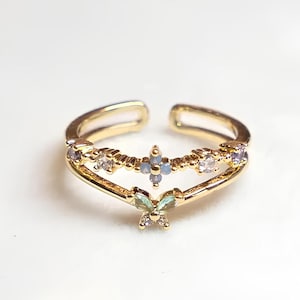 Guldfärgad Celestial Butterfly Ring: Justerbar Kristall Dubbelring/Brudtärne-smycken