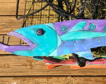 Hand Painted Wooden Barracuda: Beach Wall Art