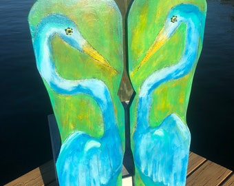 Painted Wooden Blue Heron Pair, Beach Art Decor