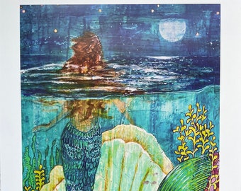Night Watch Mermaid Art Print, Whimsical Beach House Decor