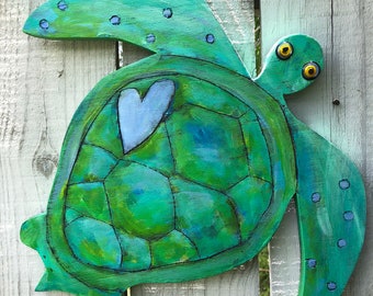Hand Painted Wooden Turtle Wall Hanging: Island Decor Art