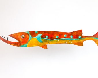 painted wooden fish, wooden fish, painted fish, fishing, barracuda,  fish art, fish painting, whimsical art, beach art, island art,fishing