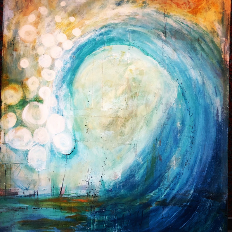 May include: Abstract painting of a blue wave with white bubbles in the upper left corner. The background is a mix of yellow, orange, and white.