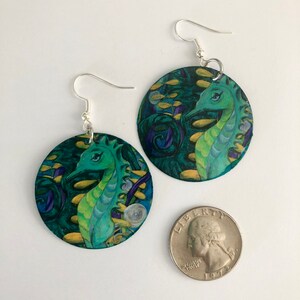 Seahorse Earrings, Seahorse jewelry, Seahorse painting, seahorse print, beach earrings, beach jewelry, nautical jewelry, nautical earrings image 3