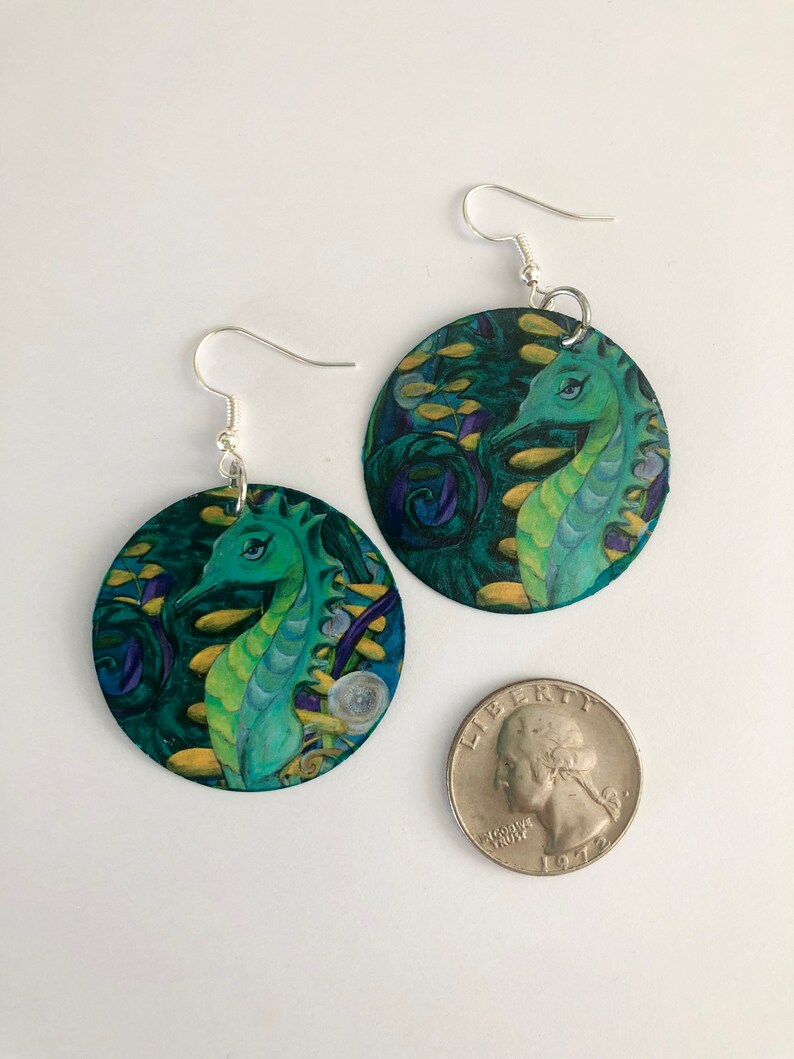 Seahorse Earrings, Seahorse jewelry, Seahorse painting, seahorse print, beach earrings, beach jewelry, nautical jewelry, nautical earrings image 3