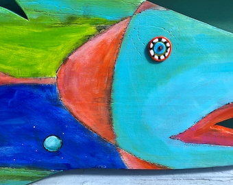 Painted Wooden Fish Wall Art: Cobalt Blue Beach Decor