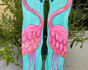 Painted Wooden Flamingos: Tropical Home Decor, Signed Art Pair
