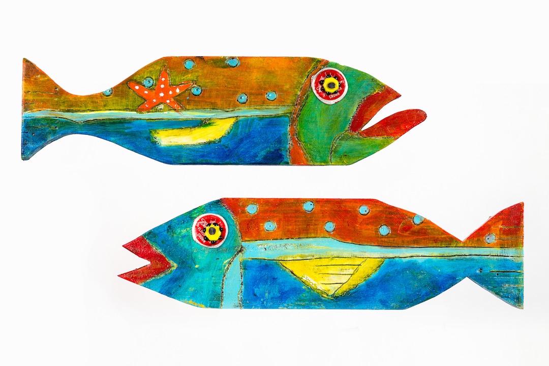 Painted Wooden Fish Wall Art: Tropical Beach Decor, Set of 2 - Etsy
