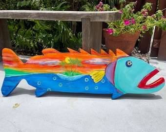 Painted Wooden Fish Wall Art: Coastal Island Decor