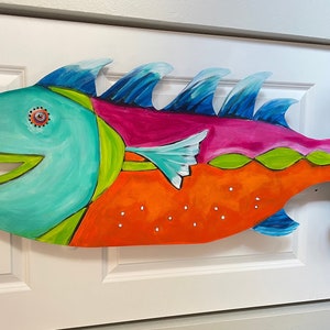 Fish wall hanging is a perfect gift for fisherman.  Wooden fish, Nautical fish decor, Fish decor, beach wall decor, Colorful fish, funky