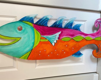 Fish wall hanging is a perfect gift for fisherman.  Wooden fish, Nautical fish decor, Fish decor, beach wall decor, Colorful fish, funky
