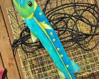 Painted Wooden Barracuda: Beach Wall Art, Timber Fish Decor