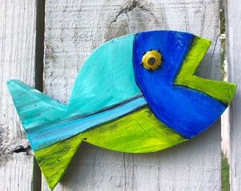 Painted Wooden Fish: Whimsical Beach Decor, Lampwork Glass Eye