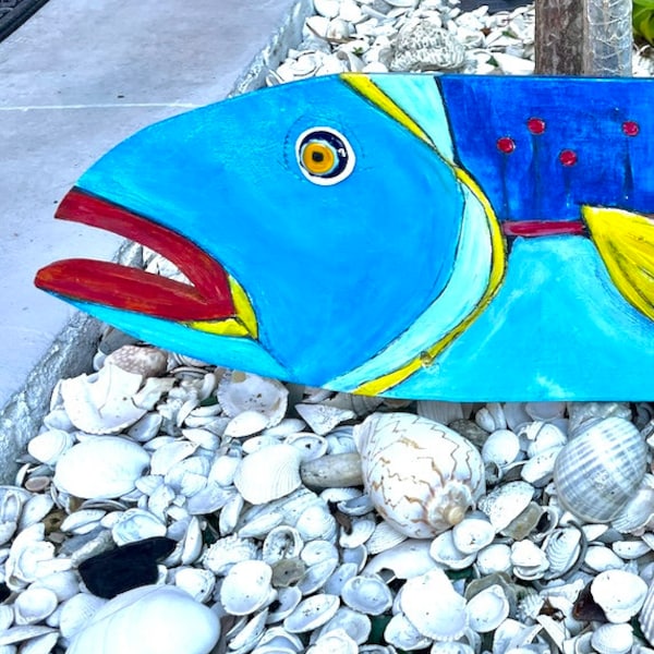 wooden fish, painted wooden fish, fish wall hanging, wood fish, painted fish, fish art, fish gift, island art, coastal decor,color