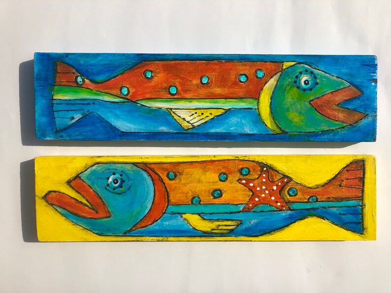 Beach Wall Art Wood Plank Art Fish Art Unique Fish Art Etsy Ireland