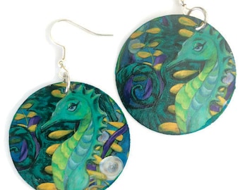 Seahorse Earrings, Seahorse jewelry, Seahorse painting, seahorse print, beach earrings, beach jewelry, nautical jewelry, nautical earrings