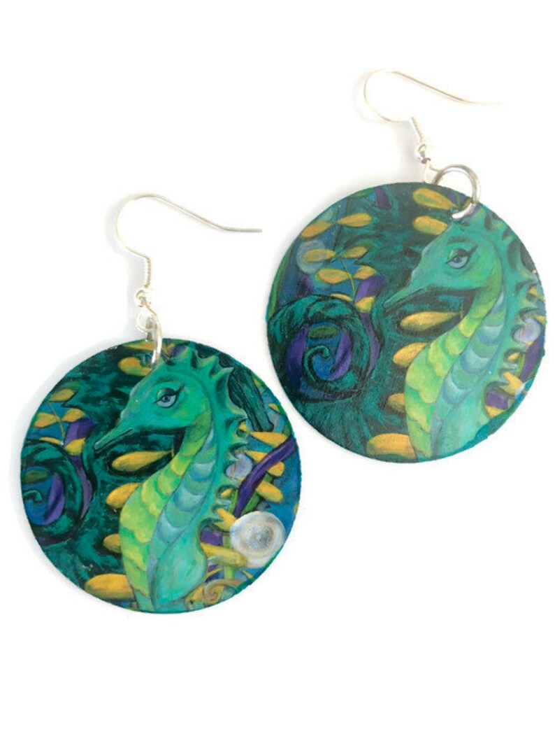 Seahorse Earrings, Seahorse jewelry, Seahorse painting, seahorse print, beach earrings, beach jewelry, nautical jewelry, nautical earrings image 1