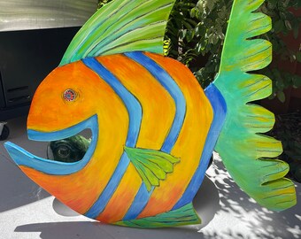 Painted Wooden Fish Wall Decor: Colorful Tropical Art, Glass Lampwork Eye