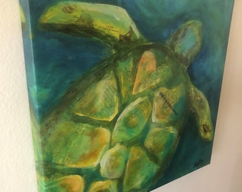 Turtle PRINT ON CANVAS, turtle painting, turtle art, turtle wall hanging, turtle wall art, nautical decor, nautical wall hanging,  beach art