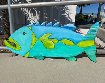 Painted Wooden Fish Wall Hanging, Nautical Coastal Decor