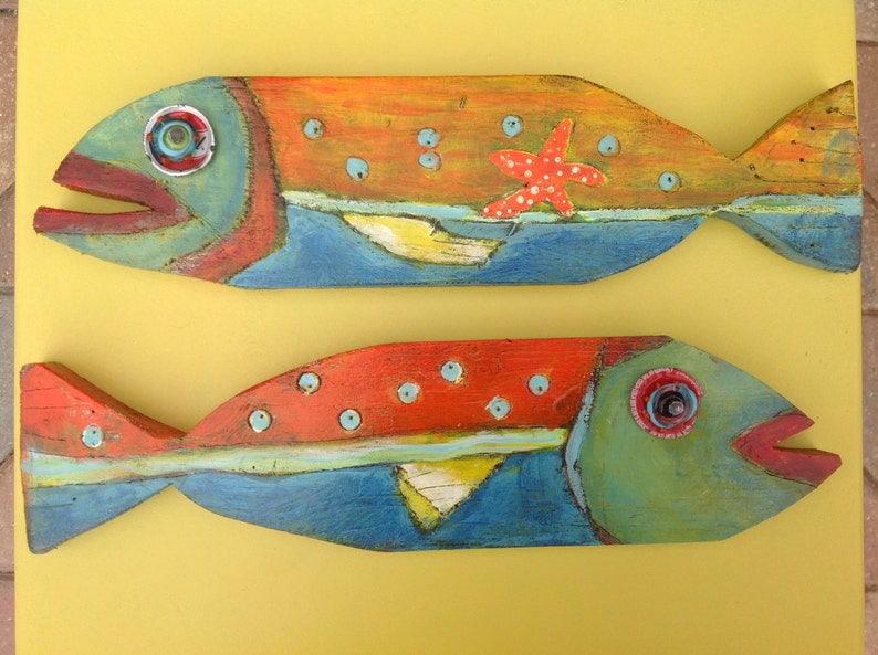Painted Wooden Fish Wall Art: Tropical Beach Decor, Set of 2 - Etsy