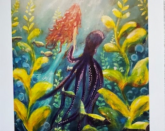 Mermaid and Octopus Art Print, Whimsical Under the Sea Painting