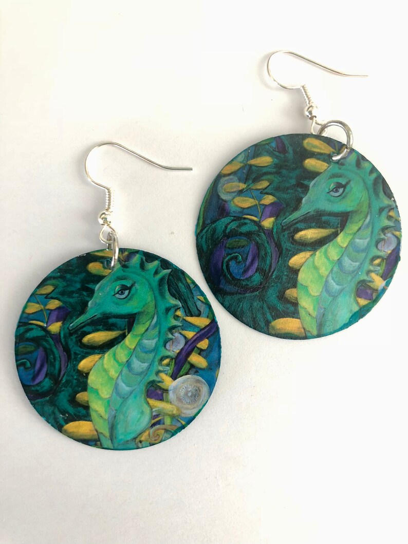 Seahorse Earrings, Seahorse jewelry, Seahorse painting, seahorse print, beach earrings, beach jewelry, nautical jewelry, nautical earrings image 2