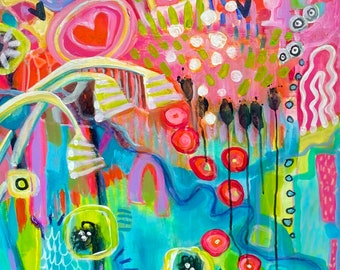 Colorful Abstract Print: Rainbow Springs, Pink & Aqua Art (11x14)