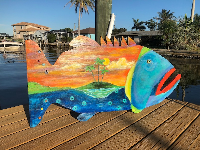 Beach Wall Decor Beach Themed Art Wooden Fish Painted Fish Etsy