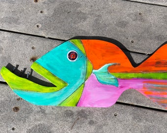 painted wooden fish, wooden fish, painted fish, fishing, tropical fish,  fish art, fish painting, unique fish, beach art, island decor