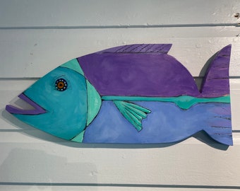 Patio decor, painted wooden fish, wooden fish, painted fish, wood fish, fish gift, fish art, colorful fish art, fish wallhanging, art