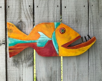 Painted Wooden Fish Wall Hanging: Whimsical Fisherman Gift