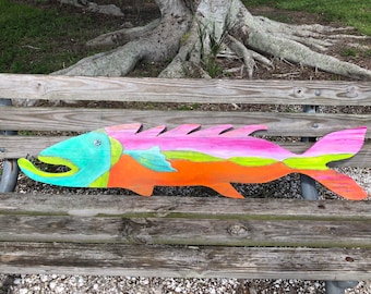 painted wooden fish, wooden fish, painted fish, fishing, fish wall hanging,  fish art, fish painting, beach art, island decor